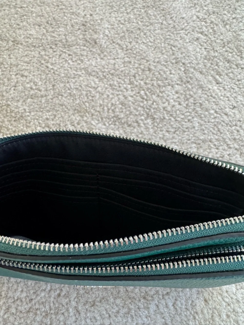 Coach Teal Green Pebbled Leather Double Zip Wristlet with silver hardware - Picture 6 of 7